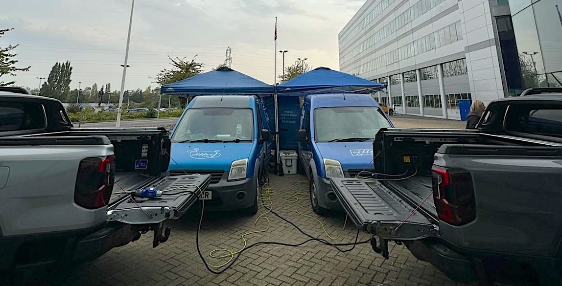 The two Ranger Plug-in Hybrids hooked up and supplying the Coffee Can Company with power at Dunton